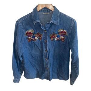 Vintage Cabin Creek cat embroidered patch jean long sleeve